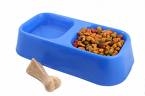 dog food double bowl water left food right and bone in fore-ground